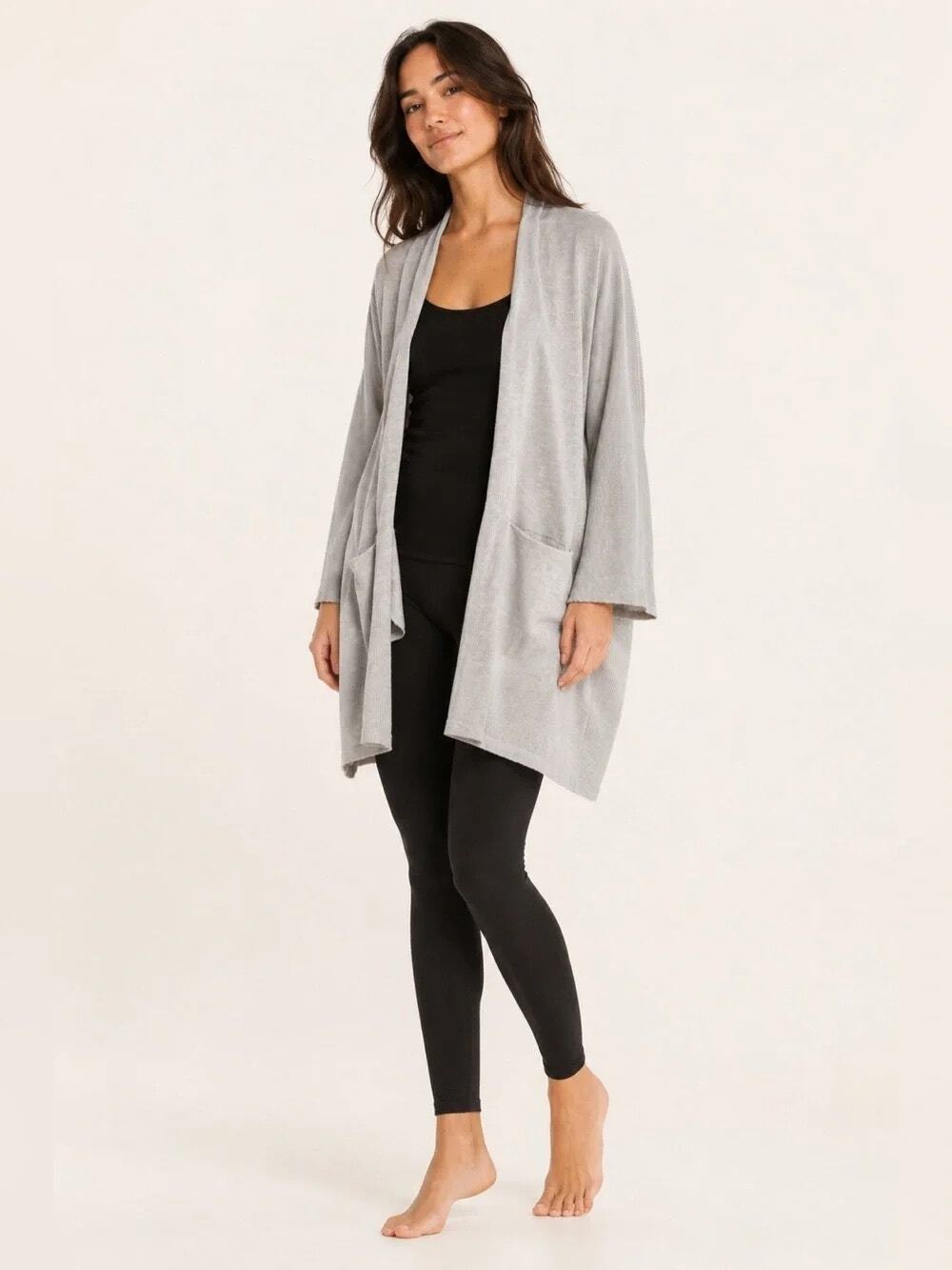 DONNI Grey White Striped Sandwash Ribbed Open Front Duster Cardigan OS